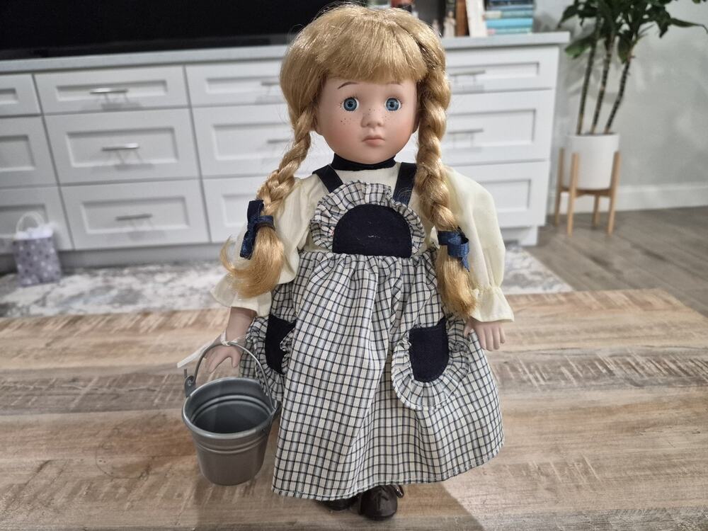 12 Inch Tall Porcelain Doll Blonde Hair Blue Eyes Perfect Condition